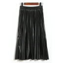 Womens Skirt Casual Plain PU Leather High Elastic Rise Midi A-Line Pleated Skirt