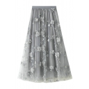Creative Womens Skirt Gauze Embroidery High Elastic Waist Maxi A-Line Swing Skirt