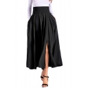 Dainty Skirt Plain High Rise Pockets Zip Fly Maxi Slit Crinkle Tie A-Line Skirt for Women