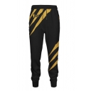 Street Mens Striped Footprint Letter Ics Graphic Drawstring Waist Ankle Length Tapered Fit Sweatpants in Black