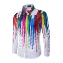 Cool Mens Shirt Multicolored Paint Splash Button-down Long Sleeve Point Collar Slim Fitted Shirt