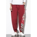 Fashionable Mens Linen and Cotton Dragon Printed Drawstring Waist Cuffed Ankle Tapered Fit Pants