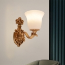 Brass Finish Bell Wall Mounted Lamp Classic Frosted Glass 1-Bulb Living Room Sconce Light Fixture with Carved Backplate