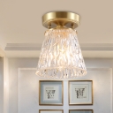 1-Light Semi Flush Mount Light Rustic Cone/Flower Clear Textured Glass Ceiling Flush in Brass for Corridor