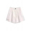 Womens Shorts Fashionable Plain Pleated Loose Fitted Zipper Fly Relaxed A-Line Shorts