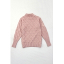 Girls Popular Long Sleeve Mock Neck Rhombus Knitted Loose Pullover Sweatshirt in Pink