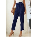 Womens Pants Chic Plain Bow-Tie 7/8 Length High Waist Cropped Regular Fitted Tapered Relaxed Pants