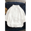 Mens Shirt Simple Plain Cotton Linen Curved Hem Stand Collar Button Detail Relaxed Fit 3/4 Sleeve Shirt