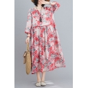 Pop Womens Flower Printed Tribal Style Pleated Crew Neck 3/4 Sleeve Oversize Midi Dress in Red