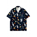 Classic Mens Shirt Astronaut Planet Rocket Flag Pattern Button-down Half Sleeve Notch Collar Regular Fit Shirt