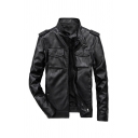 Vintage Mens Leather Jacket Plain Epaulette Zipper up Long Sleeve Mock Neck Regular Fit Leather Jacket with Chest Pockets