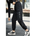 Hollow Out Elastic Waist Plain Webbing Straps Patch Cuffed Loose Cargo Pants