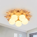 Nordic 5/7-Bulb Flush Mount Lamp Beige Globe Ceiling Light with White Glass Shade and Wood Antler Canopy