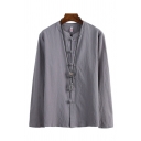 Cool Mens Shirt Solid Color Frog Button Detail Cotton Linen Stand Collar Long Sleeve Loose Fitted Shirt