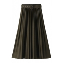 Womens Pleated Skirt Stylish Solid Color Buckle Belted Midi A-Line Pleated Skirt