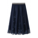 Creative Womens Skirt Star Embroidered Sequin Decoration High Elastic Waist Midi A-Line Tulle Skirt