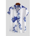 Cool Mens Shirt Peony Magpie Plum Blossom Pattern Button up Turn-down Collar Short Sleeve Regular Fit Shirt