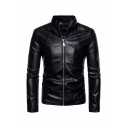 Mens Jacket Creative Plain Zipper down Stand Collar Long Sleeve Slim Fitted Leather Jacket