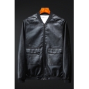 Mens Jacket Unique Front Flap Pockets Knitted Trim Zipper up Long Sleeve Stand Collar Regular Fit Leather Jacket