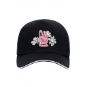 Kawaii Womens Rabbit Floral Patterned Contrasted Black Cap