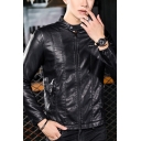 Mens Jacket Fashionable Panel Zipper Embellished Mock Neck Long Sleeve Regular Fit Leather Jacket