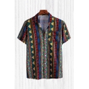 Trendy Shirt Geometric Colorblock Pattern Button up Pocket Short Sleeve Point Collar Regular Fitted Shirt for Men