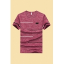 Dressy Mens T-Shirt Space Dye Striped Applique Short Sleeve Round Neck Fitted T-Shirt