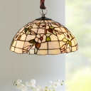 Brown Lattice Bowl Suspension Light Tiffany 3 Bulbs White Cut Glass Ceiling Chandelier with Floral Pattern