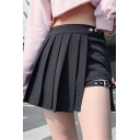 Womens Skirt Stylish Plain Buckle Embellished Zipper Fly Mini A-Line Pleated Skirt in Black