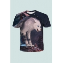 Dressy Mens T-Shirt 3D Wolf Chain Pattern Short Sleeve Round Neck Regular Fit T-Shirt