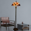 2-Light Living Room Reading Floor Lighting Baroque Brass Leaf and Fruit Patterned Floor Lamp with Bowl Cut Glass Shade