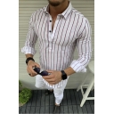 Popular Vertical Stripe Printed Button Spread Collar Long Sleeve Fitted Shirt for Men