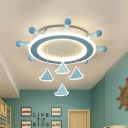 Marine Rudder Kids Room Ceiling Light Iron 4 Bulbs Nautical Flush Mount Fixture with Suspended Sail Ship in Sky Blue