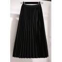 Basic Ladies Skirt Solid Color Pleated High Rise Elastic Relaxed Fitted Maxi A-Line Skirt