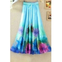 Fancy Girls Skirt Floral Ombre Pattern Bead Peacock Feather Pleated Drawstring High Waist Elastic Maxi A-Line Skirt