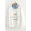 Womens Simple Sweatshirt Cat Mushroom Leaf Korean Writing Pattern False Two Pieces Turn- down Collar Long Sleeve Loose Fit Pullover Sweatshirt