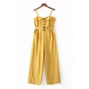 Basic Womens Jumpsuits Plain Pleated Buckle Belted Single-Breasted Sleeveless Spaghetti Strap Loose Fitted Jumpsuits