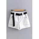 Womens Shorts Simple Contrast Stitching Large Pockets Buckle Belted Regular Fitted A-Line Relaxed Shorts