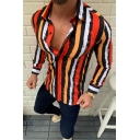 Mens Shirt Fashionable Vertical Striped Painting Button-down Long Sleeve Turn-down Collar Slim Fitted Shirt