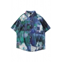 Mens Shirt Chic Abstract Oil Painting Button-down Half Sleeve Point Collar Regular Fit Shirt with Chest Pocket