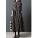 Vintage Ladies Ditsy Flower Printed Long Sleeve Collarless Button Up Linen and Cotton Midi Swing Dress