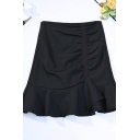 Womens Skirt Stylish Plain Pleated Zipper Back Ruffle Hem High Rise Mini Trumpet Skirt