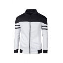Stylish Men's Jacket Color-block Stripe Print Long Sleeve Full Zip Stand Collar Contrast Trim Slim Fit Baseball Jacket with Pocket