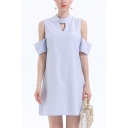 Pretty Womens Solid Color Hollow Out Back Cold Shoulder Keyhole Neckline Short Shift Dress with Sleeves