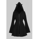 Black Basic Womens Dress Solid Color Hooded Zipper Fly Slim Fitted Long Flared Cuff Sleeve Short A-Line Dress