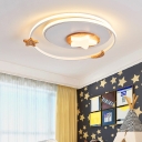 Round Flush Mount Lighting Kids Style Acrylic LED White Ceiling Fixture with Wood Star Deco