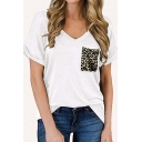 Leisure Womens Leopard Printed Patchwork Pocket V Neck Roll Up Short Sleeve Loose Fit Tee Top