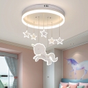 Draping Unicorn and Star LED Flush Mount Cartoon Acrylic Kids Room Ceiling Light Fixture in White