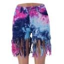 Womens Shorts Creative Tie Dye Ripped Fringe Hem Zipper Fly Slim Fitted Denim Shorts