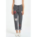 Womens Grey Jeans Chic Light Wash Peony Embroidered Distressed Zipper Fly Ankle Length Slim Fit Tapered Jeans